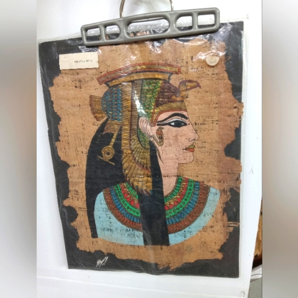 Vintage Authentic Hand-Painted Egyptian Art On Papyrus Queen Nefertari 18x14"